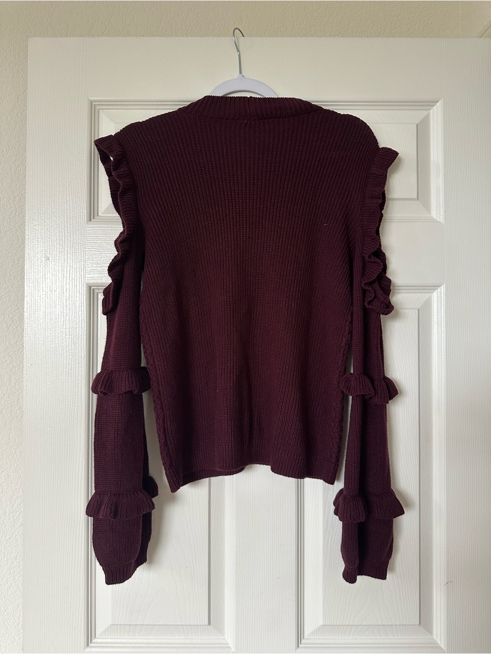 Express Cold Shoulder Ruffle Sweater Pullover Maroon - Picture 7 of 7